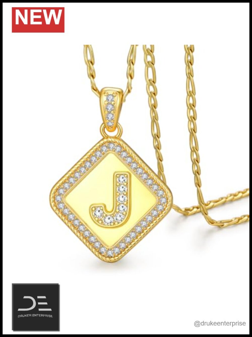 14K Gold Plated Initial J Pendant Necklace with Cubic Zirconia Halo